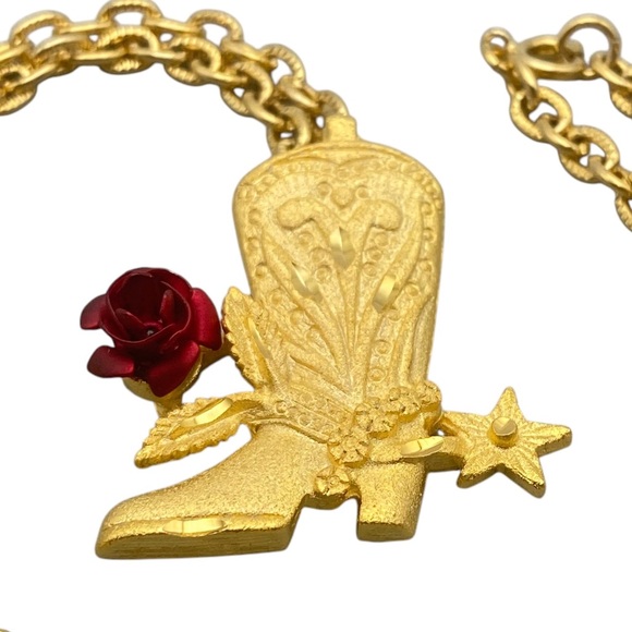 Country Western Style Cowboy Boot w/Rose Pendant Necklace Gold-Tone - Picture 5 of 10